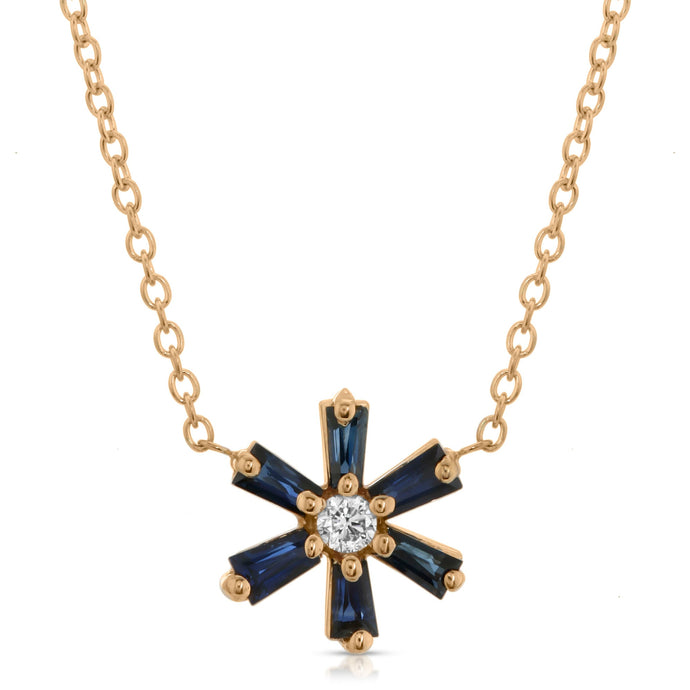 “Fleur bleue” 14-karat yellow gold flower necklace with diamond and sapphires