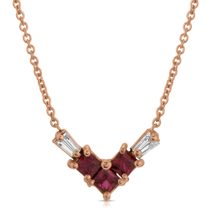 “Vera” 14-karat gold V necklace with rubies and diamonds