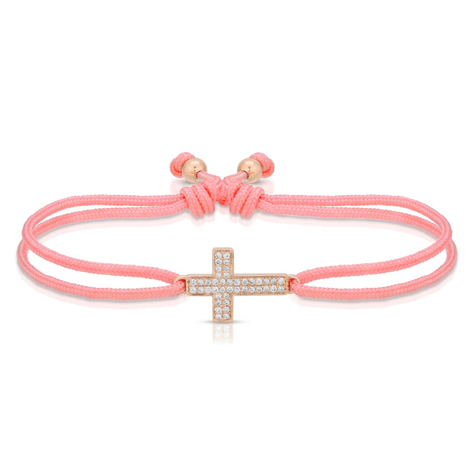 “Grande Croix” 14-karat gold cross with diamonds on silk cord bracelet