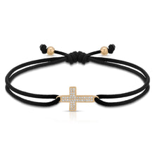 Load image into Gallery viewer, “Grande Croix” 14-karat gold cross with diamonds on silk cord bracelet