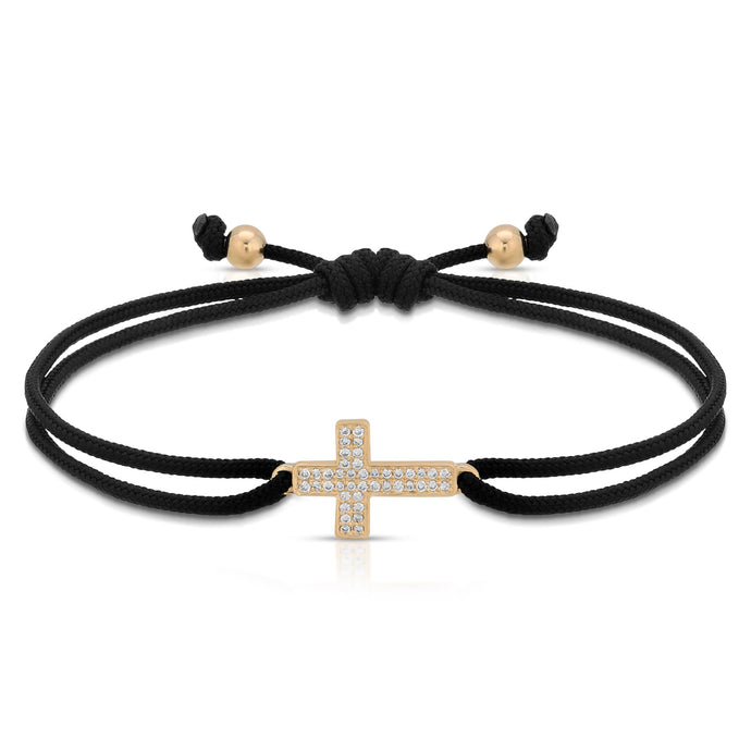 “Grande Croix” 14-karat gold cross with diamonds on silk cord bracelet