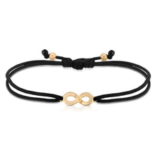 Load image into Gallery viewer, “Eve” 14-karat gold infinity sign with love engraving on silk cord bracelet