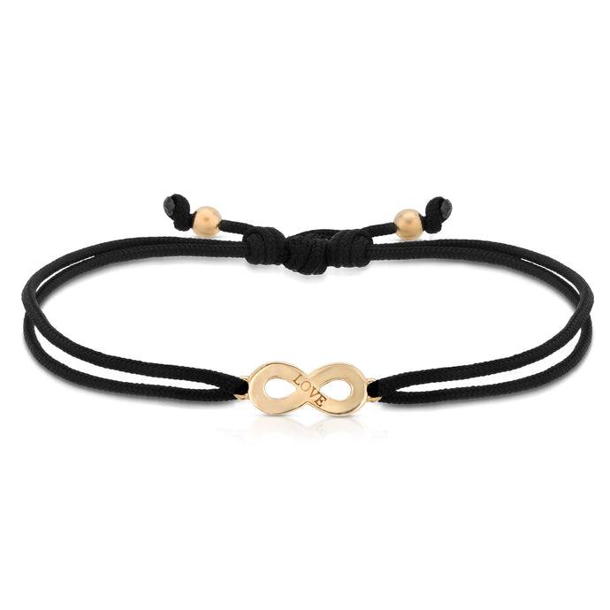 “Eve” 14-karat gold infinity sign with love engraving on silk cord bracelet