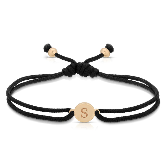 “Claudie” 14-karat gold circle with engraving on silk cord bracelet