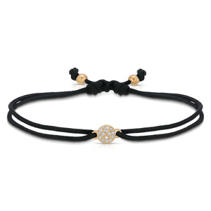 “Desirée” 14-karat gold circle with diamonds on silk cord bracelet