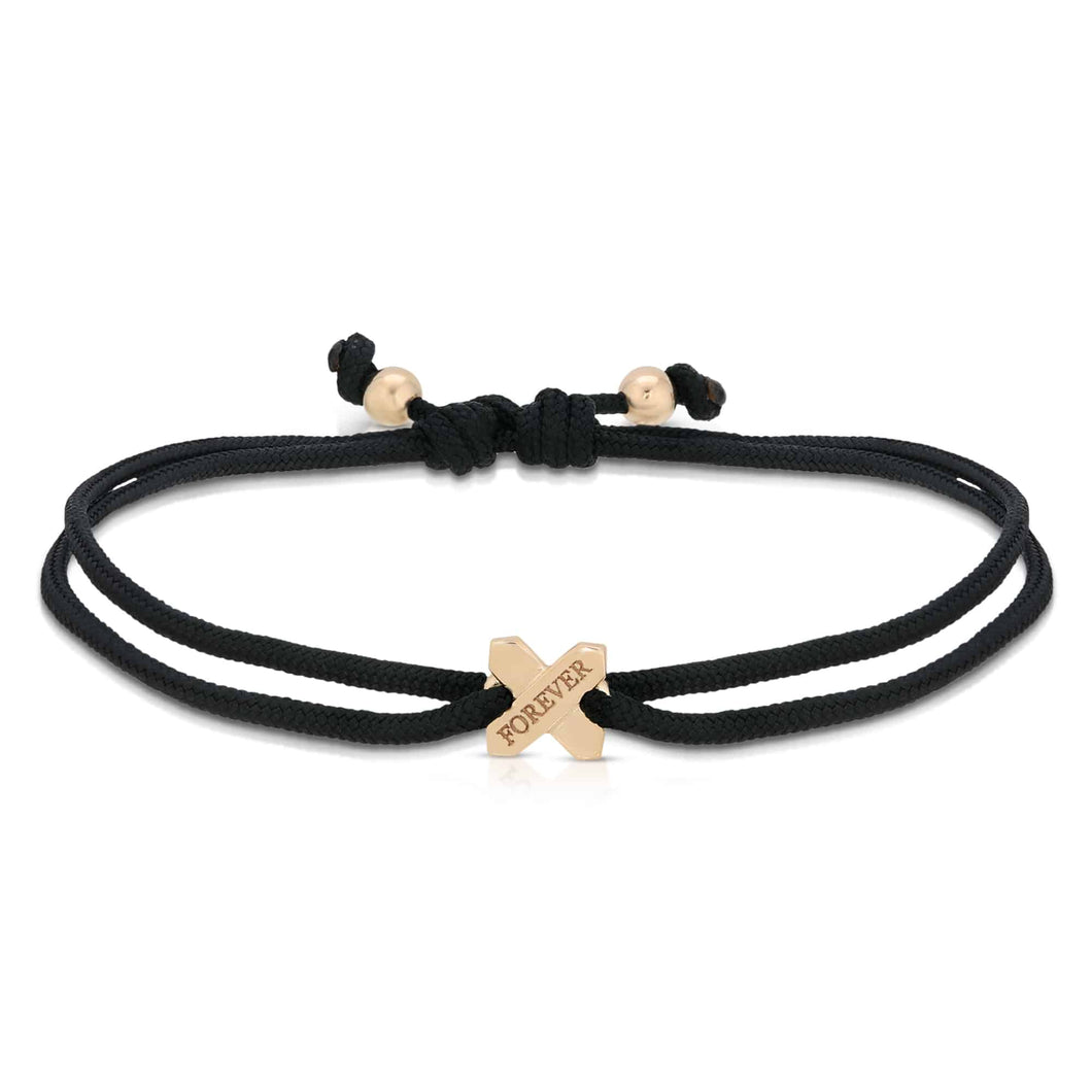 “Equis” 14-karat gold X with engraving on silk cord bracelet