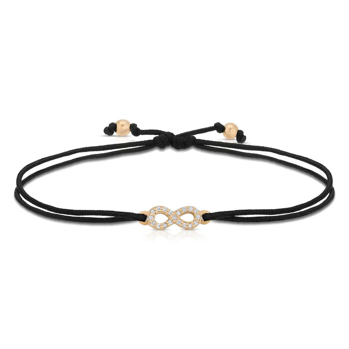 “Evette” 14-karat gold infinity sign with diamonds on silk cord bracelet