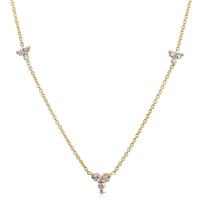 “Ella” 14-karat gold three-stone three station necklace with diamonds