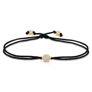 “Clairette” 14-karat gold hexagon with diamonds on silk cord bracelet