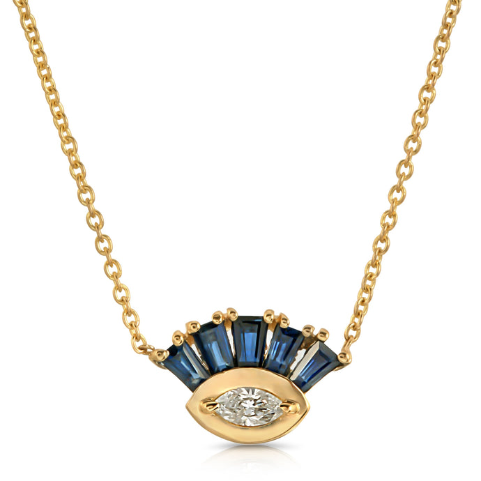 “Tempeste” 14-karat gold evil eye necklace with diamonds and sapphires