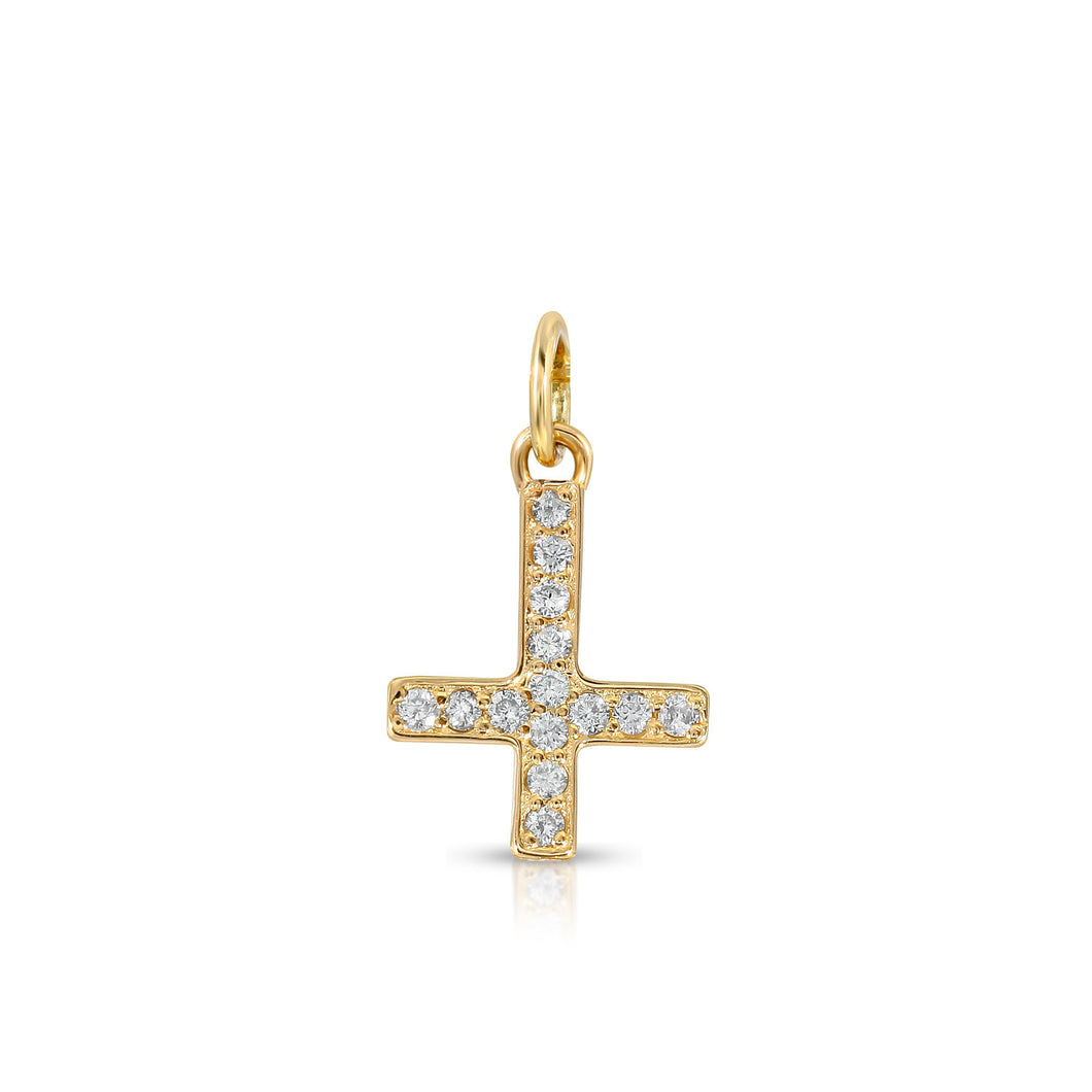 “Petite Croix inversée” 14-karat gold inverted cross charm with diamonds